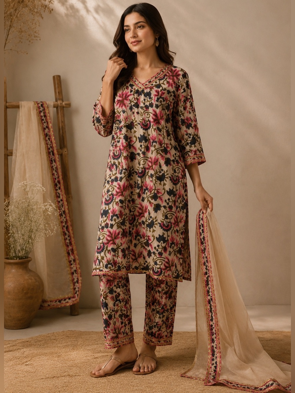 Indya Luxe 3 Pc Floral Kurta Set L Pink Gold Pants Dupatta Festive